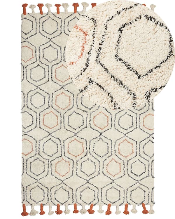 Matto beige oranssi 160 x 230 cm puuvilla hapsut pörröinen geometrinen kuvio boho