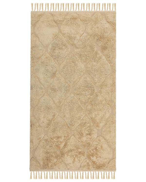Matto hiekanruskea 80 x 150 cm puuvilla hapsut pörröinen geometrinen kuvio boho
