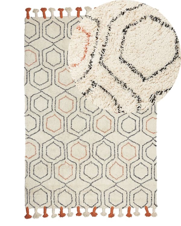 Matto beige oranssi 140 x 200 cm puuvilla hapsut pörröinen geometrinen kuvio boho