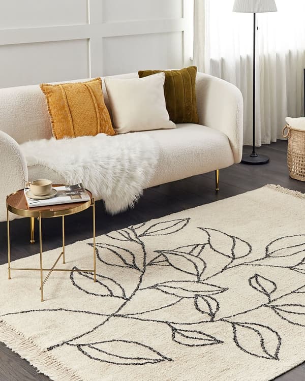Matta Beige och Svart Bomull 80 x 150 cm Minimalistisk Tuftad Blommönster Fransad Vardagsrum Sovrum
