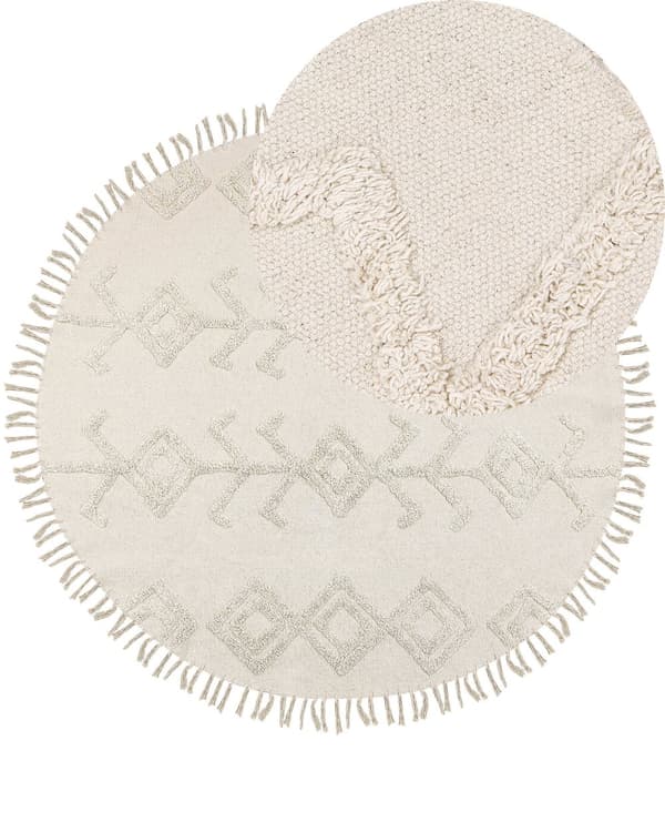 Rundt tæppe Beige Bomuld ⌀ 140 cm Tuftet med frynser mønster Boho Stue Soveværelse