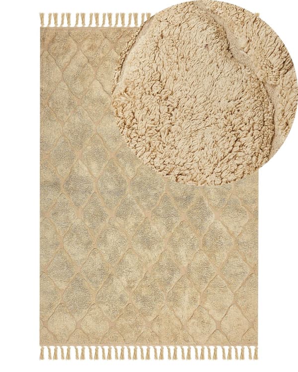 Matta Beige Bomull 140 x 200 cm Geometriskt Mönster Vävd Handtuftad Shaggy med Tofsar Vardagsrum Sovrum Bohemisk