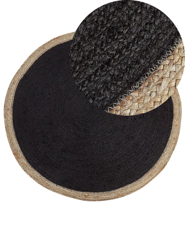 Teppe Svart Jute ø 120 cm Rund form Håndvevd Flettet Boho Tilbehør Dekorativt Stue Soverom Gang