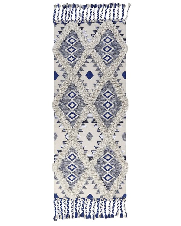 Teppe Lys beige Blå Bomull 80 x 200 cm Geometrisk mønster Frynser Håndvevd Løper Moderne Boho