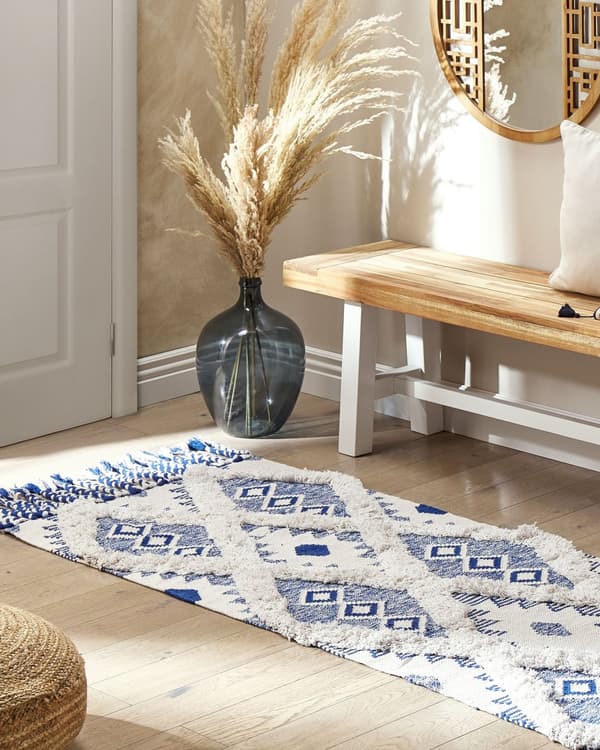 Teppe Lys beige Blå Bomull 80 x 200 cm Geometrisk mønster Frynser Håndvevd Løper Moderne Boho
