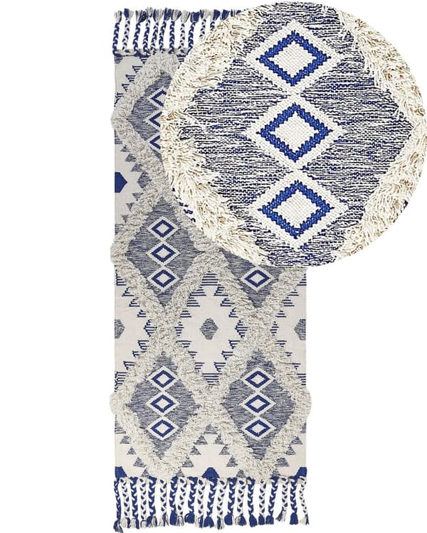 Teppe Lys beige Blå Bomull 80 x 200 cm Geometrisk mønster Frynser Håndvevd Løper Moderne Boho