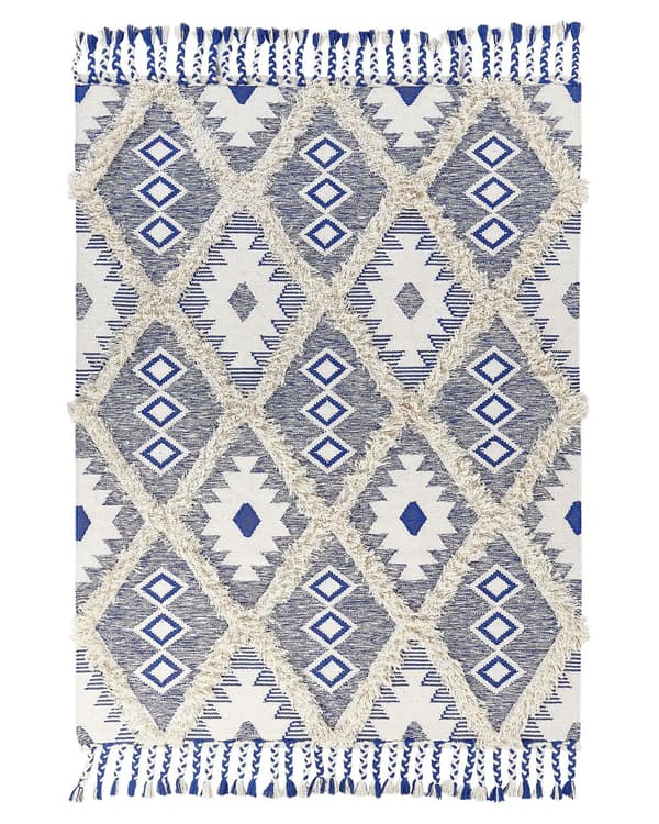 Gångmatta Ljusbeige och Blå Bomull 140 x 200 cm Rektangulär med Tofsar Geometriskt Mönster Handvävd Modern Bohemisk stil Hall