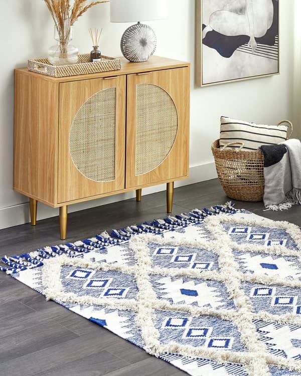 Gångmatta Ljusbeige och Blå Bomull 140 x 200 cm Rektangulär med Tofsar Geometriskt Mönster Handvävd Modern Bohemisk stil Hall