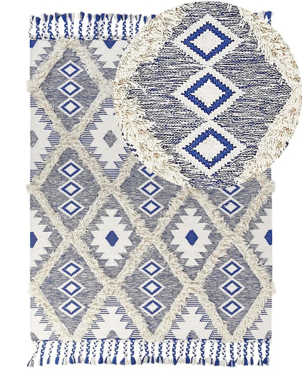 Gångmatta Ljusbeige och Blå Bomull 140 x 200 cm Rektangulär med Tofsar Geometriskt Mönster Handvävd Modern Bohemisk stil Hall