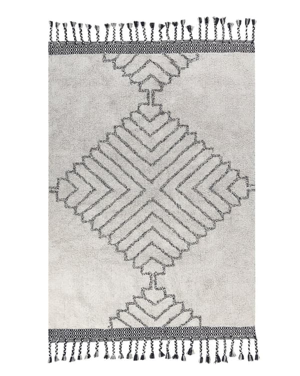 Matta Vit och Svart Bomull 140 x 200 cm Rektangulär med Tofsar Geometriskt Mönster Handvävd Modern Bohemisk stil Vardagsrum Sovrum