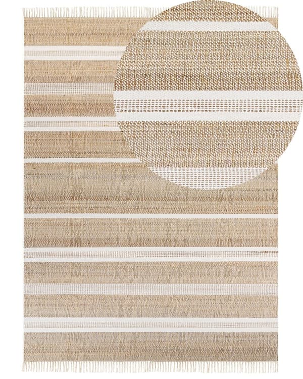 Tæppe Beige og Hvid Jute 160 x 230 cm Rektangulært med Kvaster Stribet Mønster Håndvævet Boho Stil