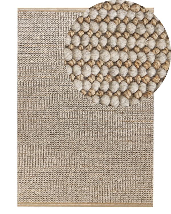 Gulvtæppe Beige Uld Jute 140 x 200 cm Håndvævet Moderne Fladvævet Uldtæppe Blød Tæppe til under Sofabord Tilbehør Inspiration Soveværelse