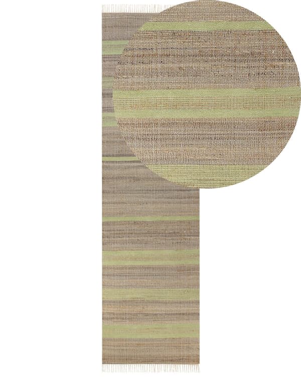 Løbetæppe Beige og Lysegrøn Jute 80 x 300 cm Rektangulært med kvaster Stribet mønster Håndvævet Boho Stil