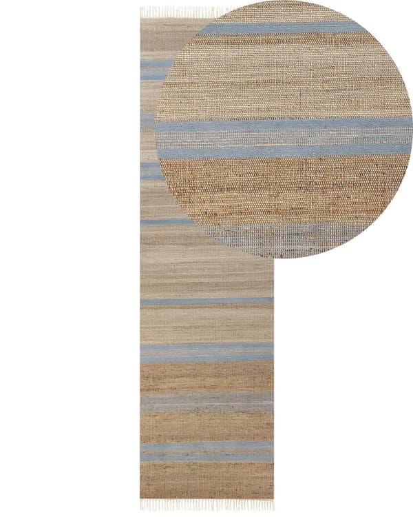 Gångmatta Beige och Ljusblå Jute 80 x 300 cm Rektangulär med Tofsar Randigt Mönster Handvävd Bohemisk Stil Hall