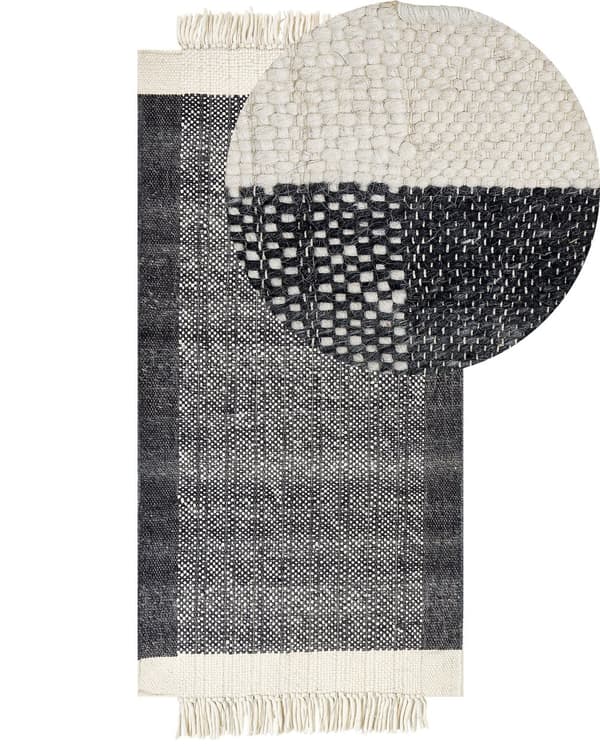 Område tæppe Sort og råhvid Uld 80 x 150 cm Rektangulært håndvævet med kvaster Moderne design