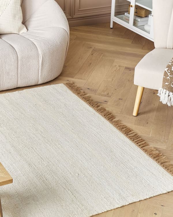 Matta Ljusbeige Jute 160 x 230 cm Fransar Handvävd Boho Hall Sovrum Vardagsrum