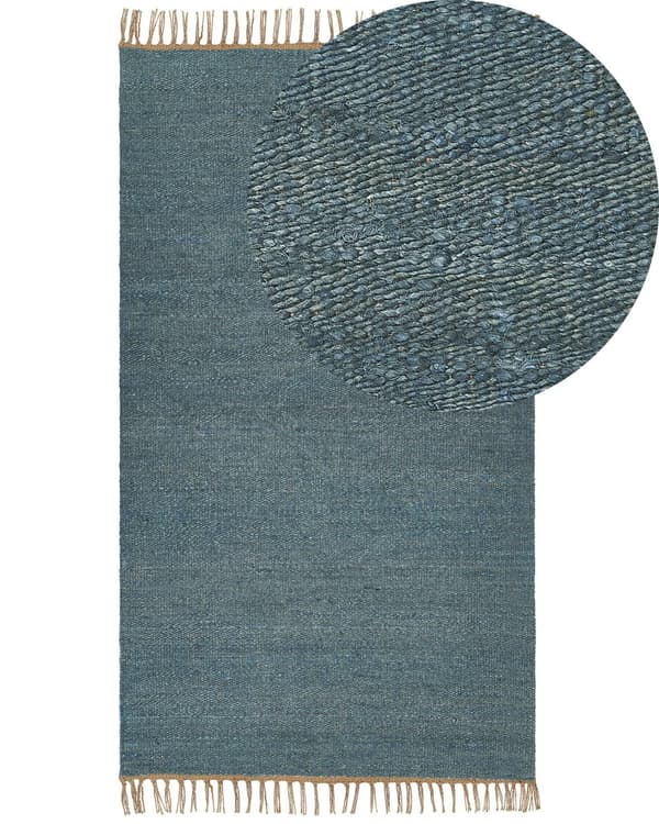 Matta Blå Jute 80 x 150 cm Fransar Handvävd Boho Hall Sovrum Vardagsrum