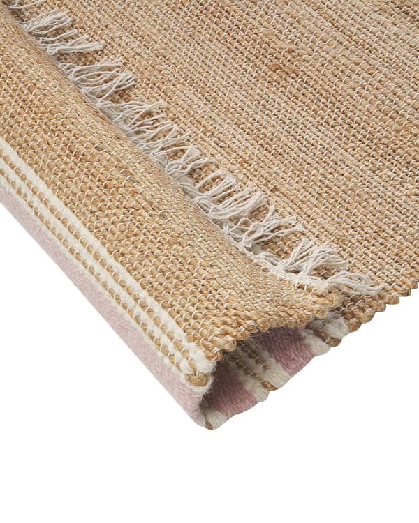 Gulvtæppe Beige Lyserød Jute 80 x 150 cm Natur Ægte Jute Tæppe med Frynser og Striber Mønster Håndvævet Løs Entre Tæppe Køkken Boho Design