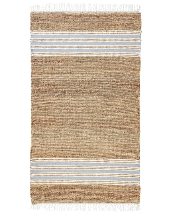 Gulvtæppe Beige Lyseblå Jute 80 x 150 cm Natur Ægte Jute Tæppe med Frynser og Striber Mønster Håndvævet Løs Entre Tæppe Køkken Boho Design
