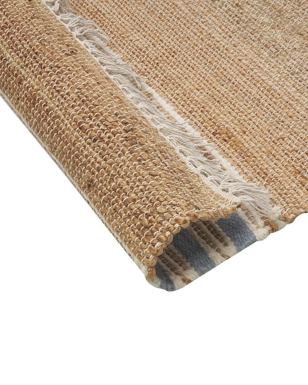 Gulvtæppe Beige Lyseblå Jute 80 x 150 cm Natur Ægte Jute Tæppe med Frynser og Striber Mønster Håndvævet Løs Entre Tæppe Køkken Boho Design
