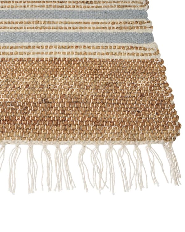 Gulvtæppe Beige Lyseblå Jute 80 x 150 cm Natur Ægte Jute Tæppe med Frynser og Striber Mønster Håndvævet Løs Entre Tæppe Køkken Boho Design