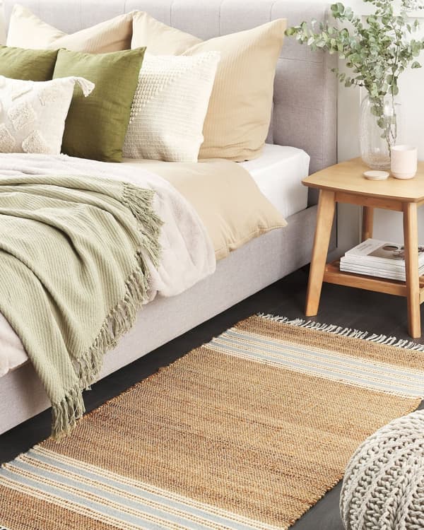 Gulvtæppe Beige Lyseblå Jute 80 x 150 cm Natur Ægte Jute Tæppe med Frynser og Striber Mønster Håndvævet Løs Entre Tæppe Køkken Boho Design
