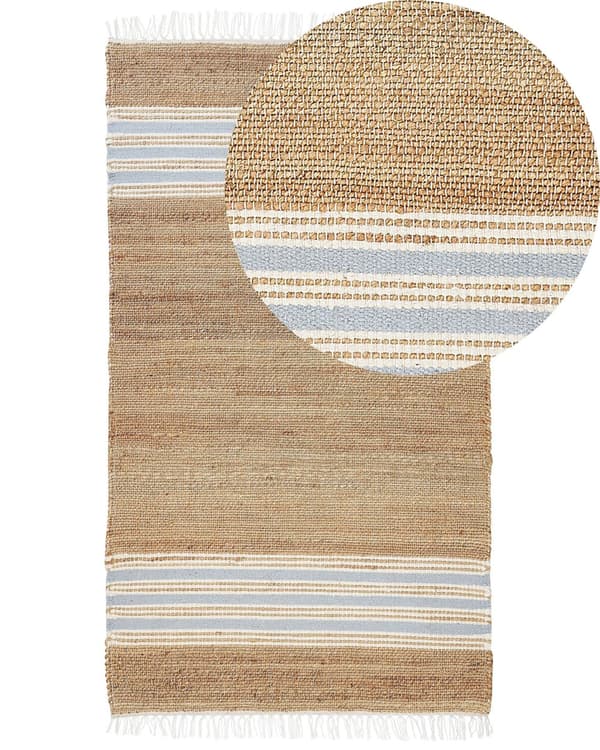 Gulvtæppe Beige Lyseblå Jute 80 x 150 cm Natur Ægte Jute Tæppe med Frynser og Striber Mønster Håndvævet Løs Entre Tæppe Køkken Boho Design