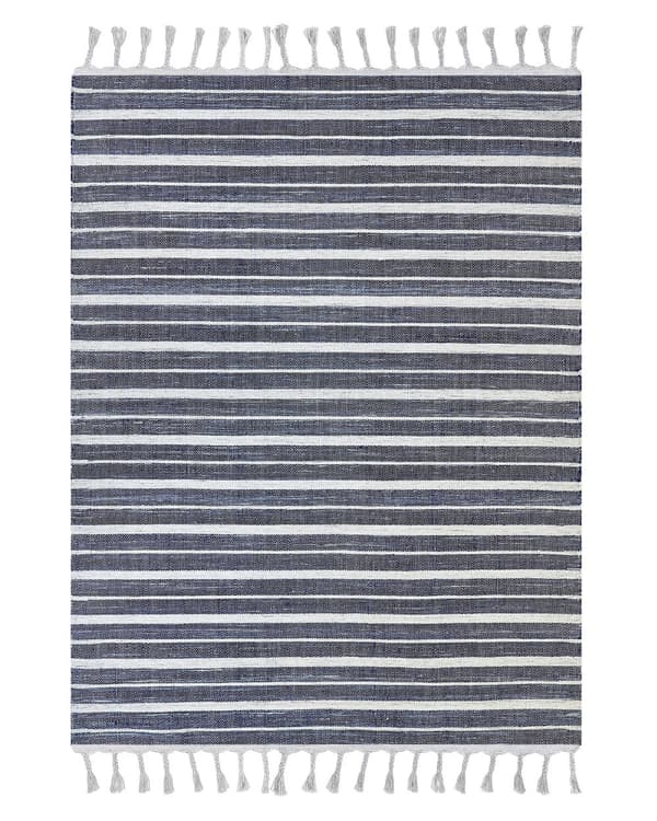 Matto tummansininen 140 x 200 cm muovi raidallinen suorakulmio käsintehty sisälle ulos moderni