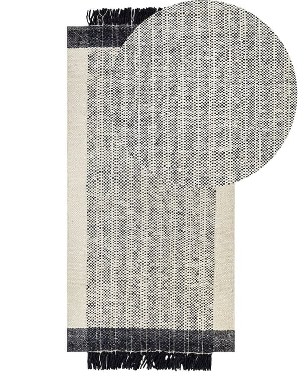 Matto valkoinen musta 80 x 150 cm villa puuvilla suorakulmio hapsut käsintehty skandinaavinen