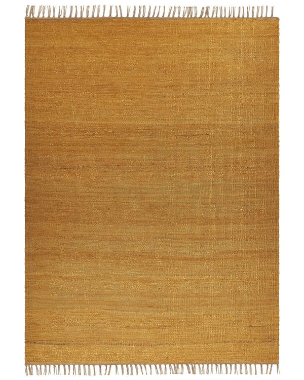 Matto juutti sinapinkeltainen 160 x 230 cm ruskeilla hapsuilla käsin tehty boho-tyyli