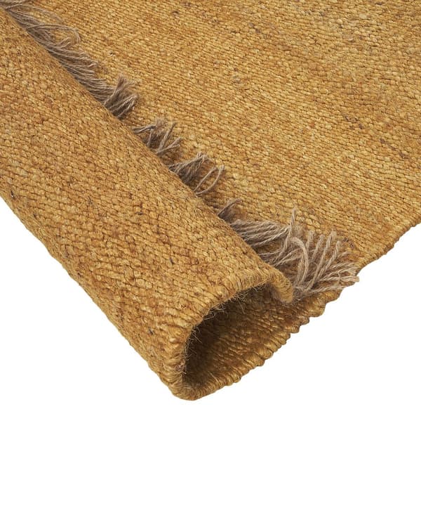 Matto juutti sinapinkeltainen 160 x 230 cm ruskeilla hapsuilla käsin tehty boho-tyyli