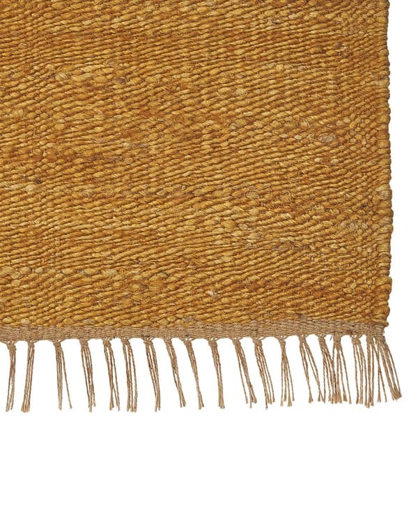 Matto juutti sinapinkeltainen 160 x 230 cm ruskeilla hapsuilla käsin tehty boho-tyyli