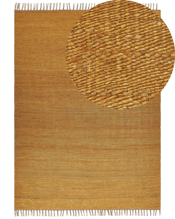 Matto juutti sinapinkeltainen 160 x 230 cm ruskeilla hapsuilla käsin tehty boho-tyyli