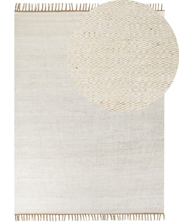Matto juutti vaalea beige 160 x 230 cm ruskeilla hapsuilla käsin tehty boho-tyyli