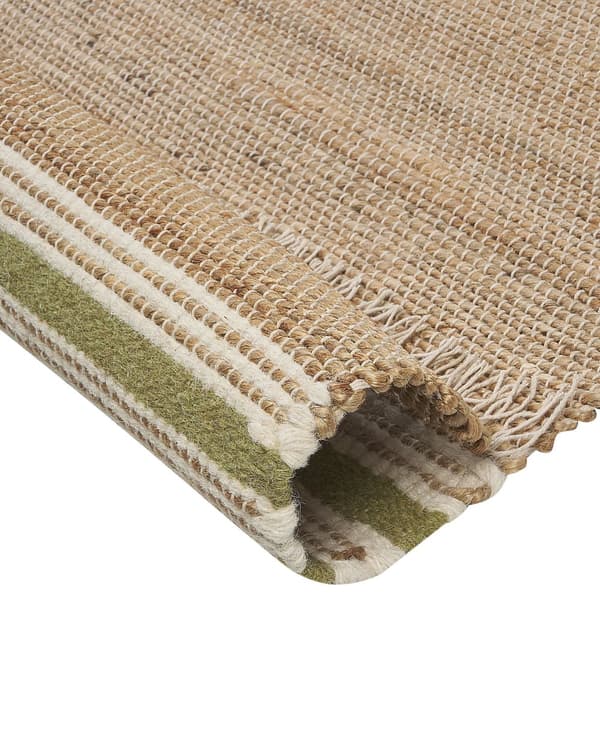 Matto beige/oliivinvihreä juutti 160 x 230 cm neliskulmainen raidallinen hapsuilla boho-tyyli