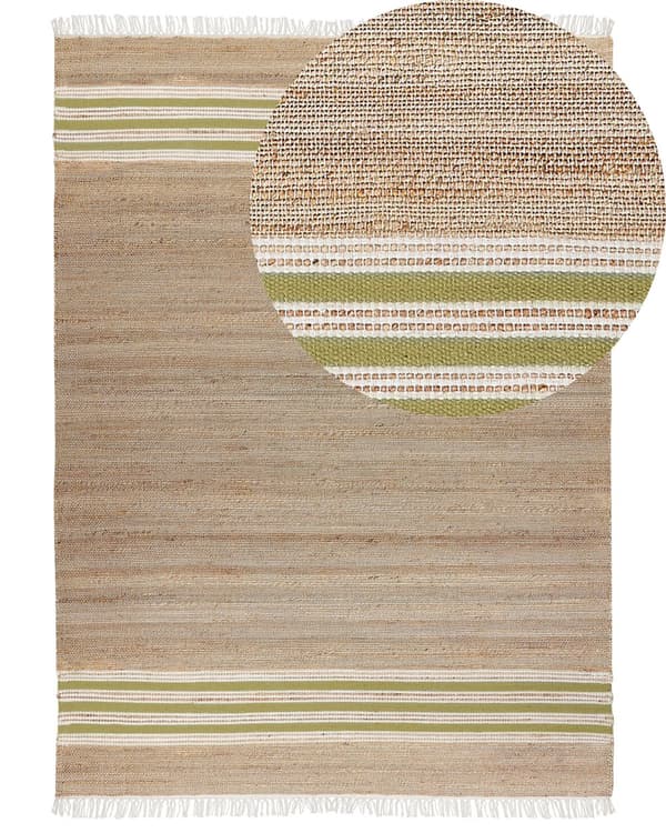 Matto beige/oliivinvihreä juutti 160 x 230 cm neliskulmainen raidallinen hapsuilla boho-tyyli