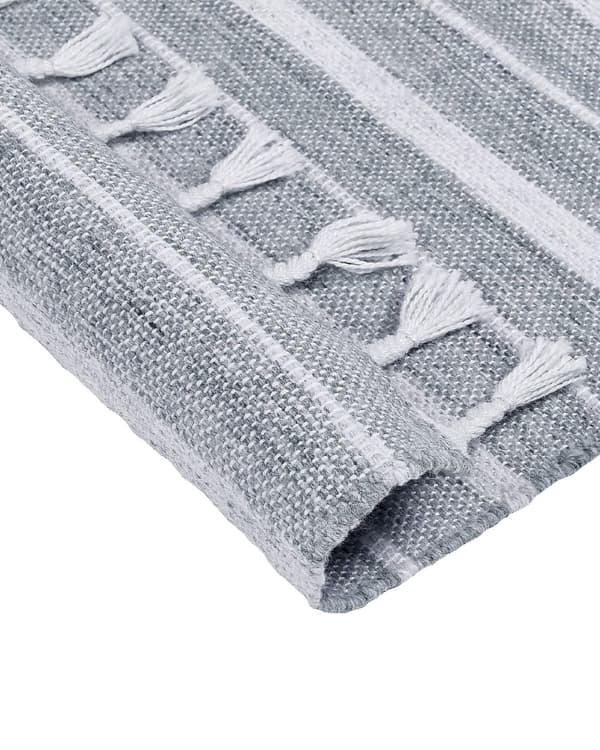 Gulvtæppe Grå Hvid PET 160 x 230 Plasttæppe med Striber og Frynser Tæppe til under Sofabord Indendørs Soveværelse Løs Fladvævet Gulvtæp Design