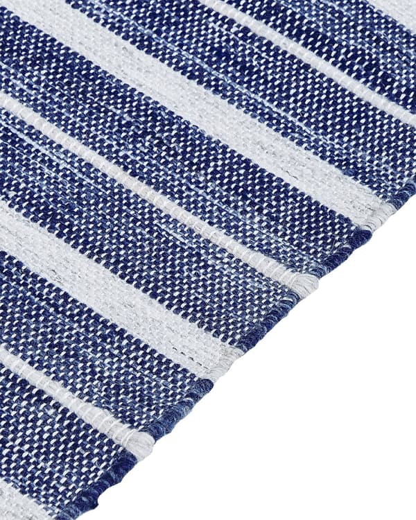 Gulvtæppe Blå Hvid PET 140 x 200 Plasttæppe med Striber og Frynser Tæppe under Sofabord Entre Indendørs Soveværelse Fladvævet Gulvtæp Design