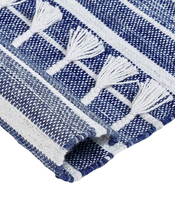 Gulvtæppe Blå Hvid PET 140 x 200 Plasttæppe med Striber og Frynser Tæppe under Sofabord Entre Indendørs Soveværelse Fladvævet Gulvtæp Design