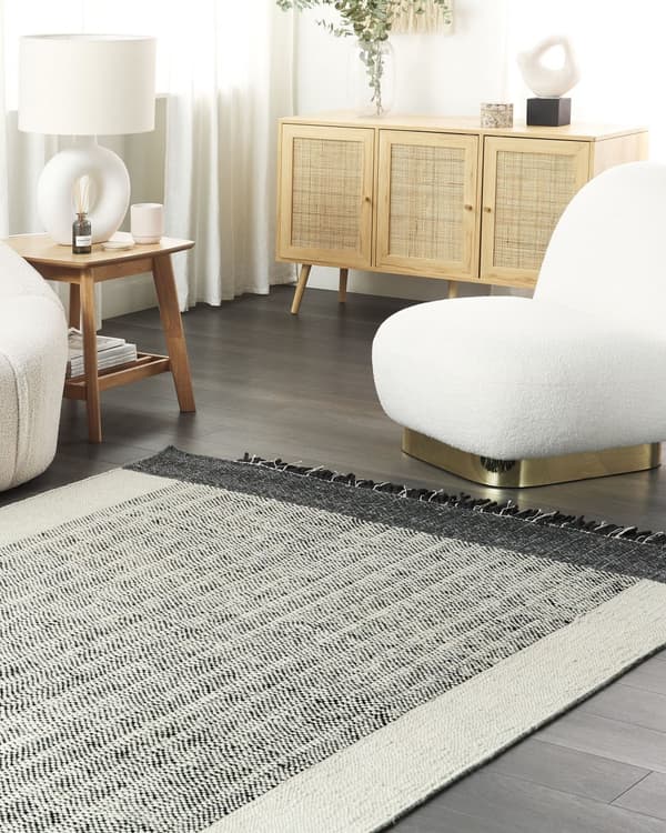 Tæppe Hvid og Sort Uld Bomuld 160 x 230 cm Håndvævet Fladvævet med Kvaster