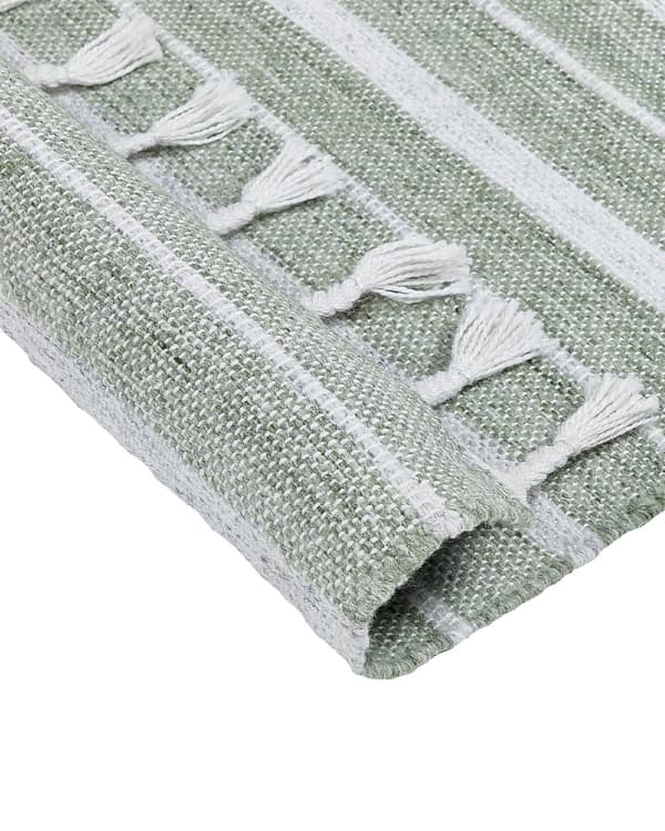 Gulvtæppe Grøn Hvid PET 80 x 150 Plasttæppe med Striber og Frynser Tæppe til Entre Indendørs Soveværelse Fladvævet Gulvtæp Design