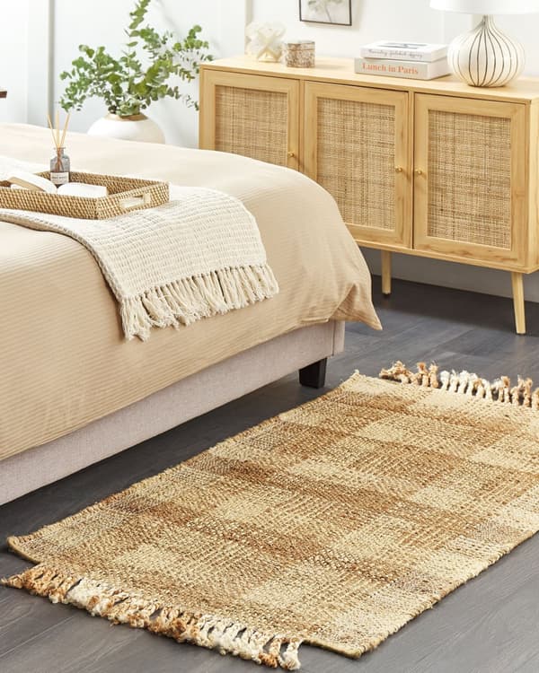Tæppe Beige Jute 80 x 150 cm Rektangulært med kvaster Geometrisk mønster Håndvævet Boho Style Soveværelse Stue