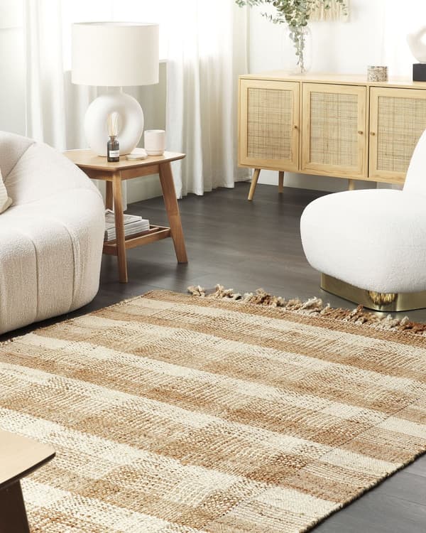 Tæppe Beige Jute 140 x 200 cm Rektangulært med kvaster Geometrisk mønster Håndvævet Boho Style Soveværelse Stue
