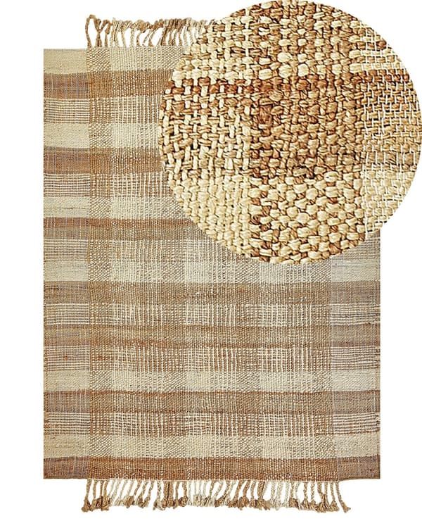 Tæppe Beige Jute 140 x 200 cm Rektangulært med kvaster Geometrisk mønster Håndvævet Boho Style Soveværelse Stue