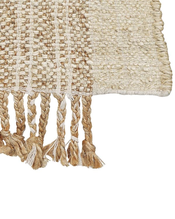 Tæppe Beige Jute 80 x 150 cm Rektangulært med kvaster Geometrisk mønster Håndvævet Boho Style Soveværelse Stue