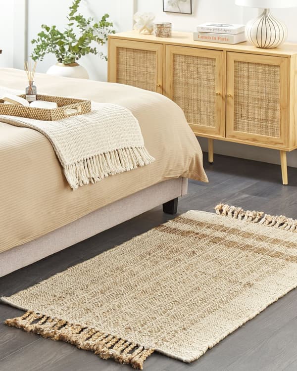 Tæppe Beige Jute 80 x 150 cm Rektangulært med kvaster Geometrisk mønster Håndvævet Boho Style Soveværelse Stue