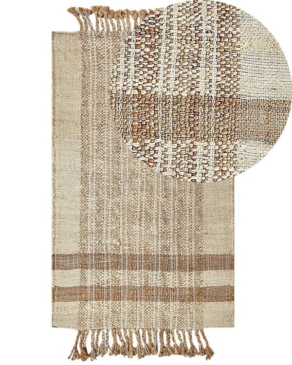 Tæppe Beige Jute 80 x 150 cm Rektangulært med kvaster Geometrisk mønster Håndvævet Boho Style Soveværelse Stue