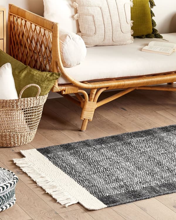 Gulvteppe Hvit Svart Ull 80 x 150 cm Rektangulært Håndvevd med dusker Moderne Ullteppe Teppe