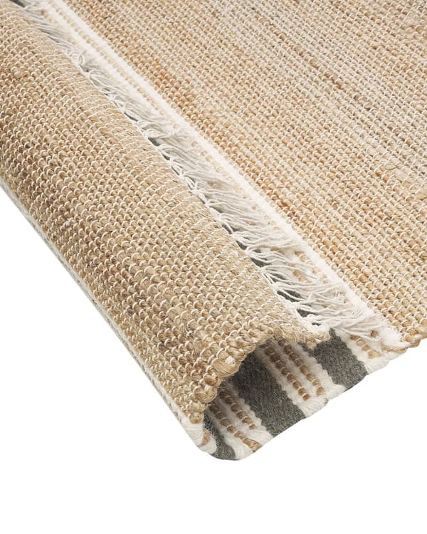 Matta Beige och Grå Jute 80 x 150 cm Rektangulär Dhurrie med Tofsar Randigt Mönster Handvävd Boho-stil Hall