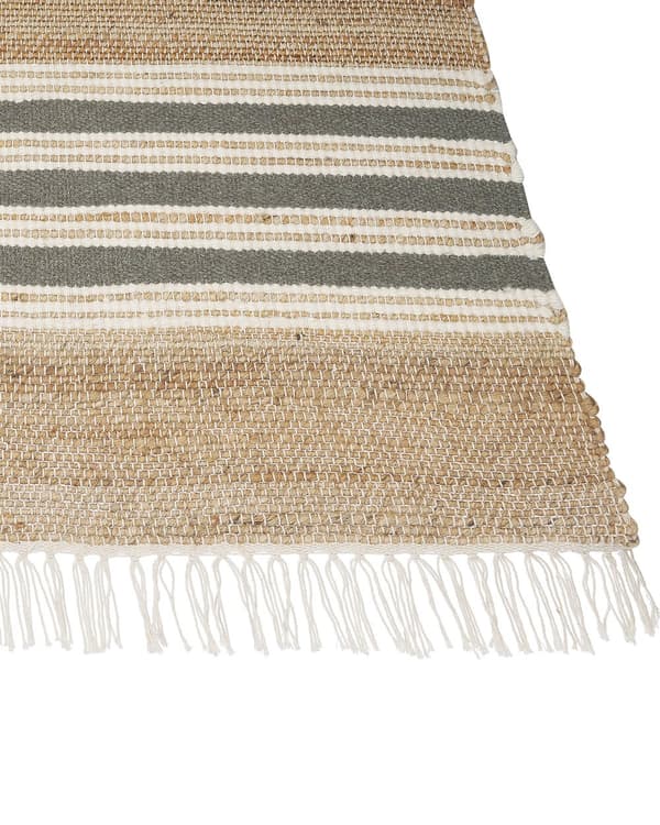 Matta Beige och Grå Jute 80 x 150 cm Rektangulär Dhurrie med Tofsar Randigt Mönster Handvävd Boho-stil Hall